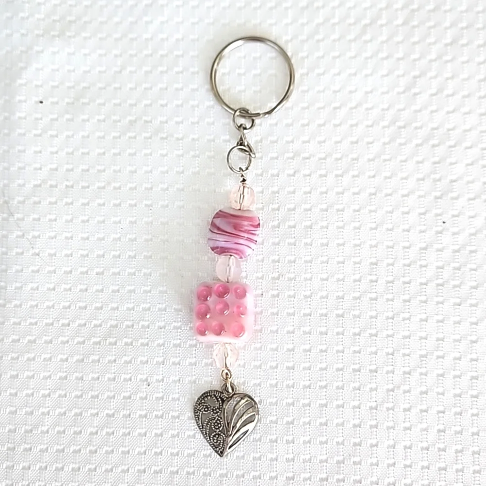 Elegant Pink Swirl Bead & Heart Charm Keychain Keyring Handmade